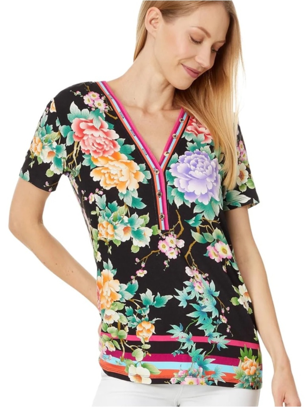 JOHNNY WAS THE JANIE FAVORITE BUTTON V NECK TEE JARDIN SHORT SLEEVE TOP